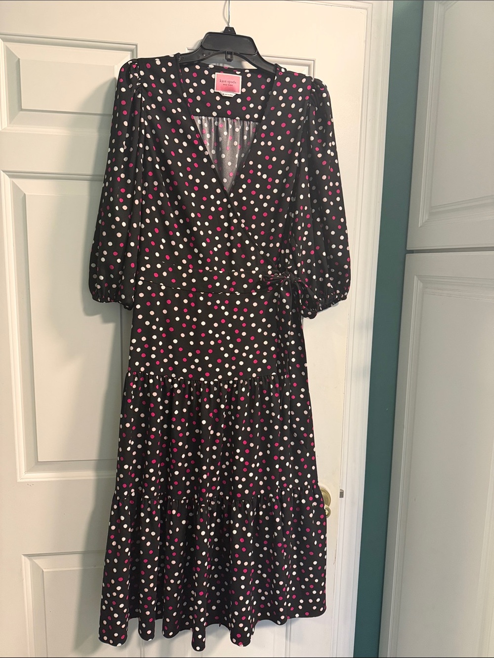 kate spade Black Wrap Midi Dress with Pink and White Polka Dots